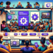 an image of a computer screen with Twitch open, a settings gear icon, various resolution option bubbles, and a diverse audience watching on different devices like phones, tablets, and laptops.