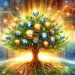 digital artwork of a flourishing money tree with diverse internet browser icons as fruits, with golden links connecting them, set against a backdrop of rising graphs and a network grid.